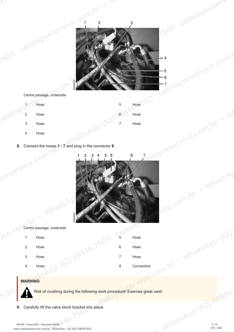 Manual de serviço Volvo EW160: página de procedimento com texto e figura