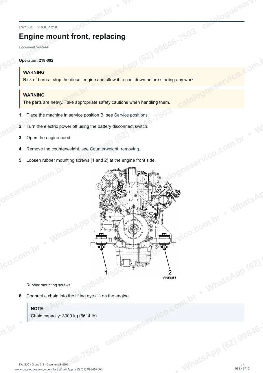 Manual de serviço Volvo EW180C: página de procedimento com texto e figura