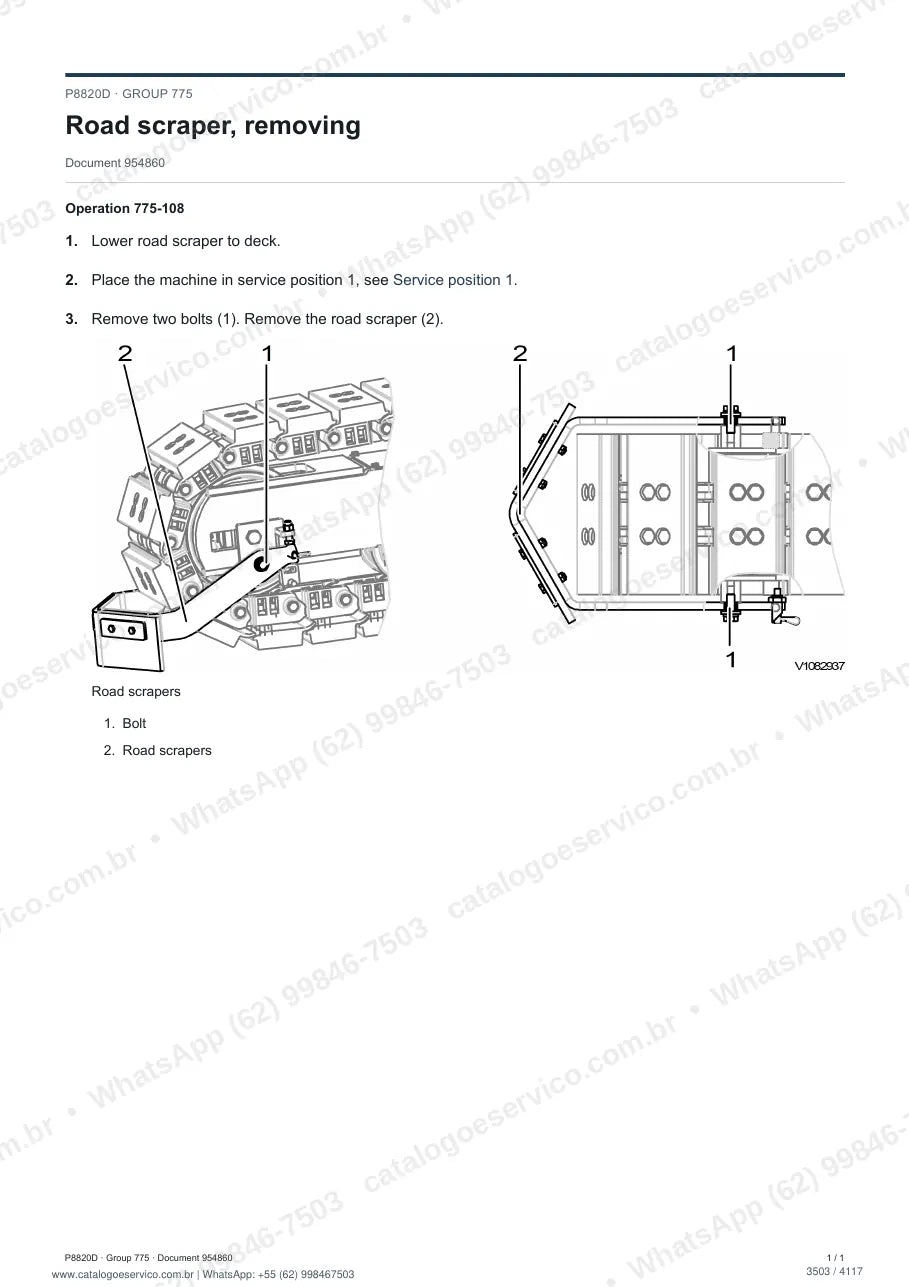 Manual de serviço Volvo P8820D, P8820D L e P8820D LC4: página de procedimento com texto e figura