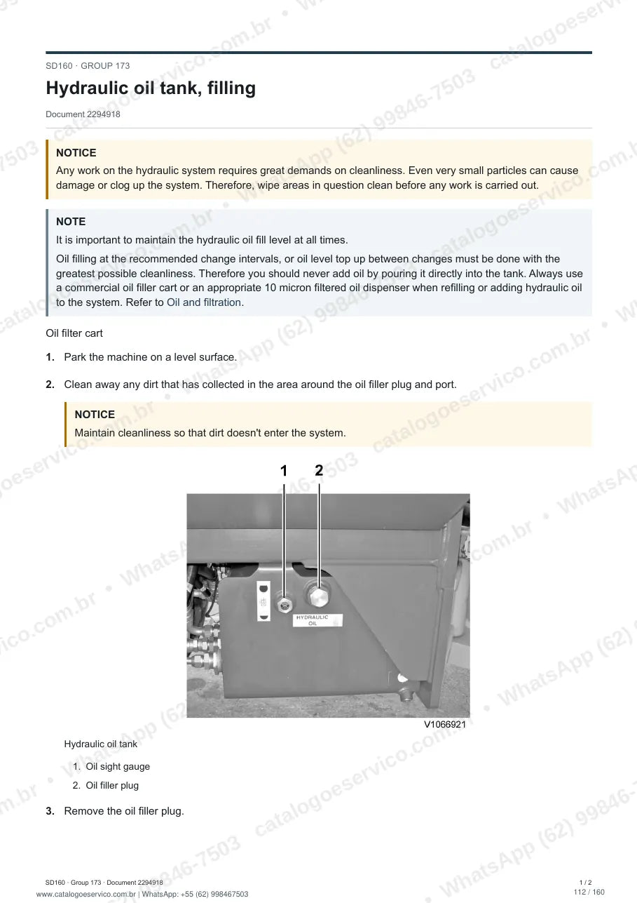 Manual de serviço Volvo SD160: página de procedimento com texto e figura