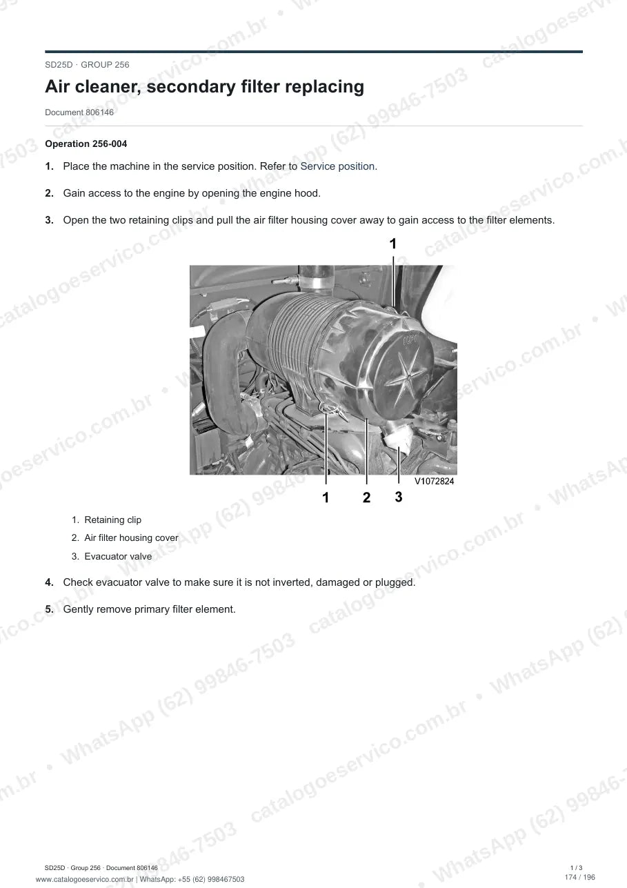 Manual de serviço Volvo SD25D: página de procedimento com texto e figura (2)