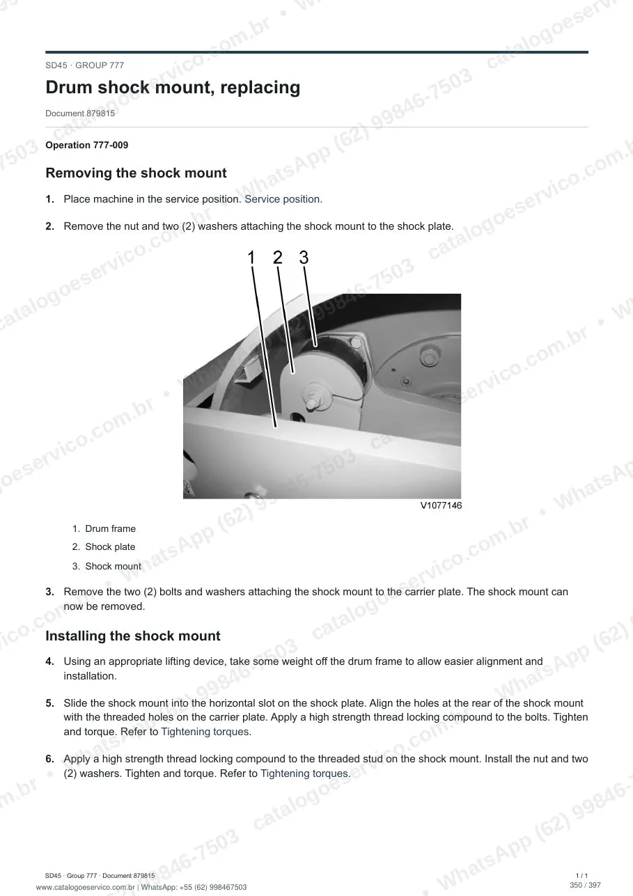 Manual de serviço Volvo SD45: página de procedimento com texto e figura
