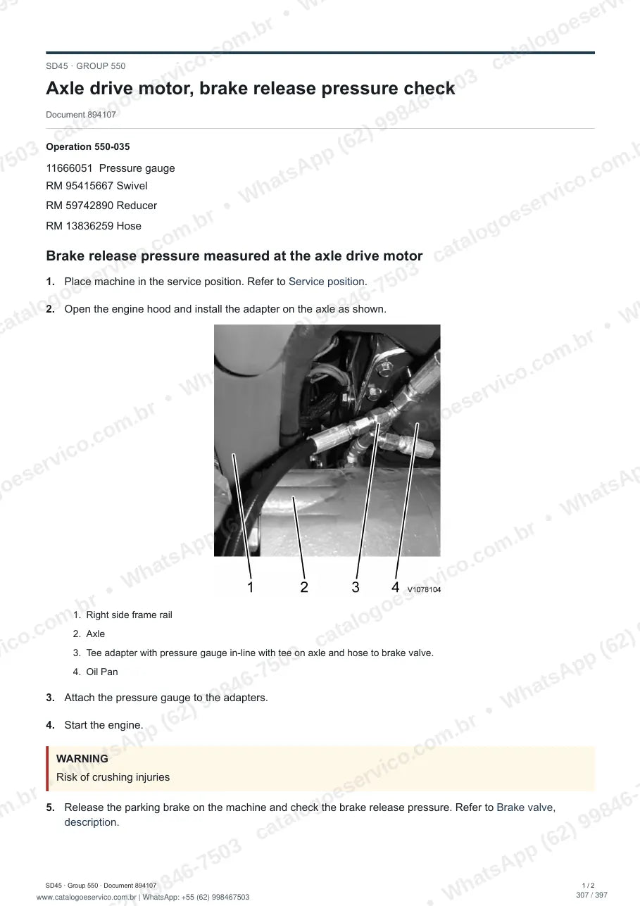 Manual de serviço Volvo SD45: página de procedimento com texto e figura (2)