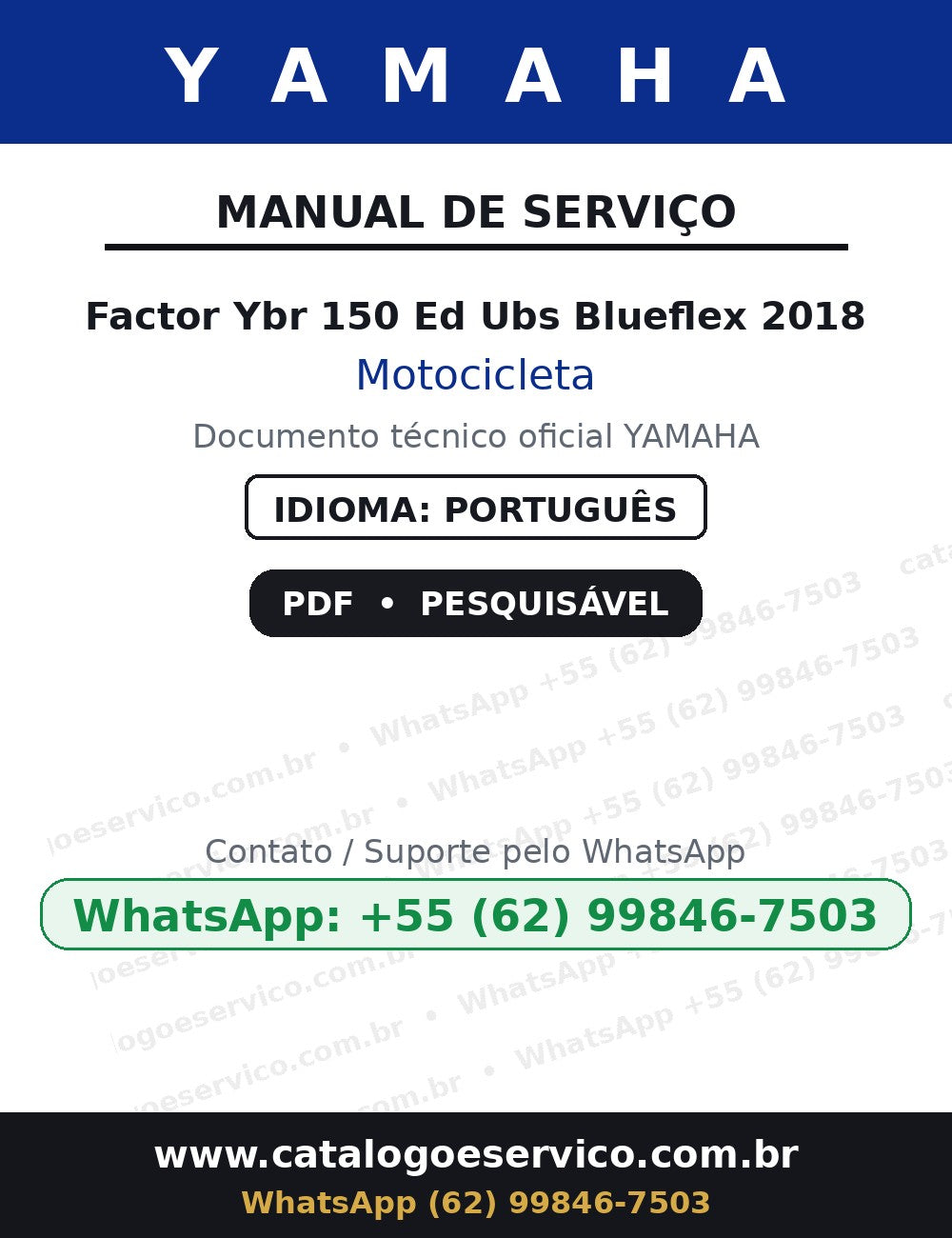 YAMAHA Factor Ybr 150 Ed Ubs Blueflex 2018 — Manual de Serviço