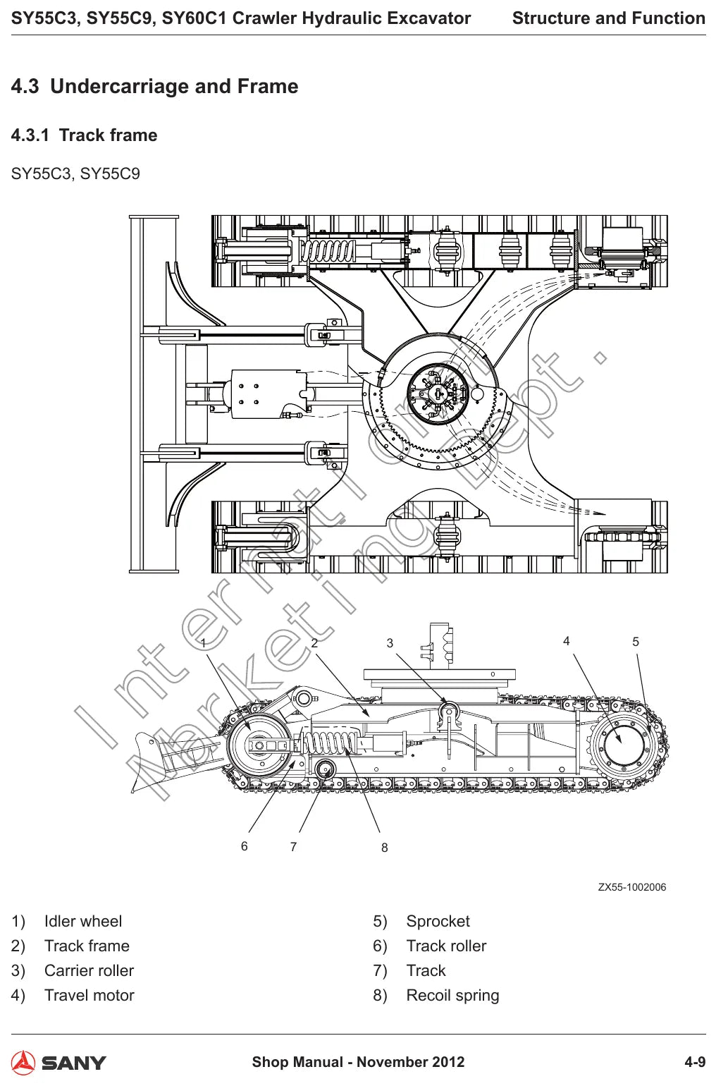 Página interna do Manual de Oficina Sany SY55C3/55C9/60C1 com ilustração de procedimento