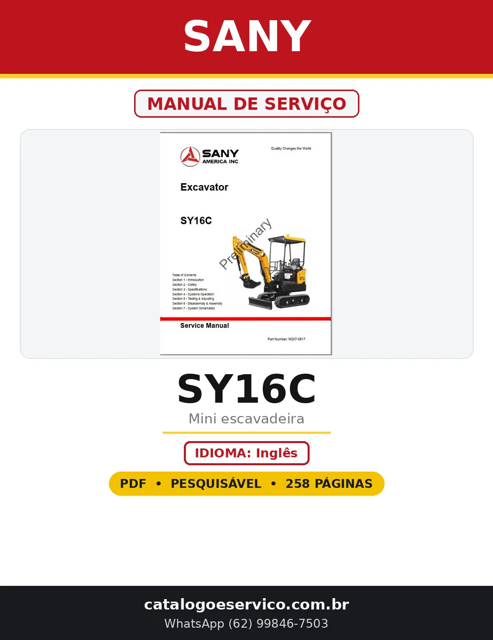 Capa do Manual de Serviço Sany SY16C em PDF com 258 páginas