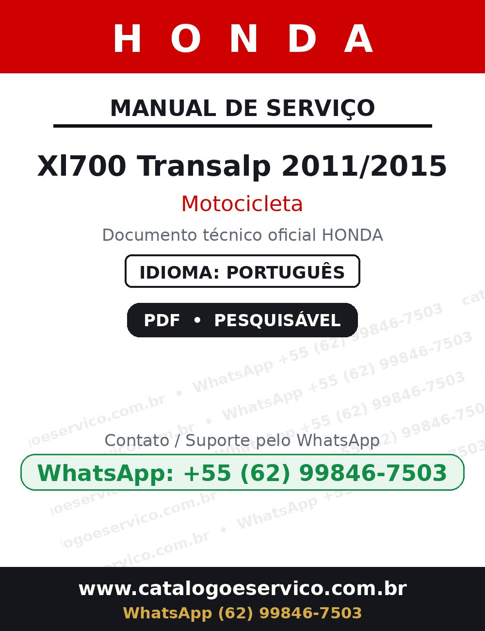Manual De Serviços - Honda Xl700 Transalp 2011/2015 — capa do manual de serviço