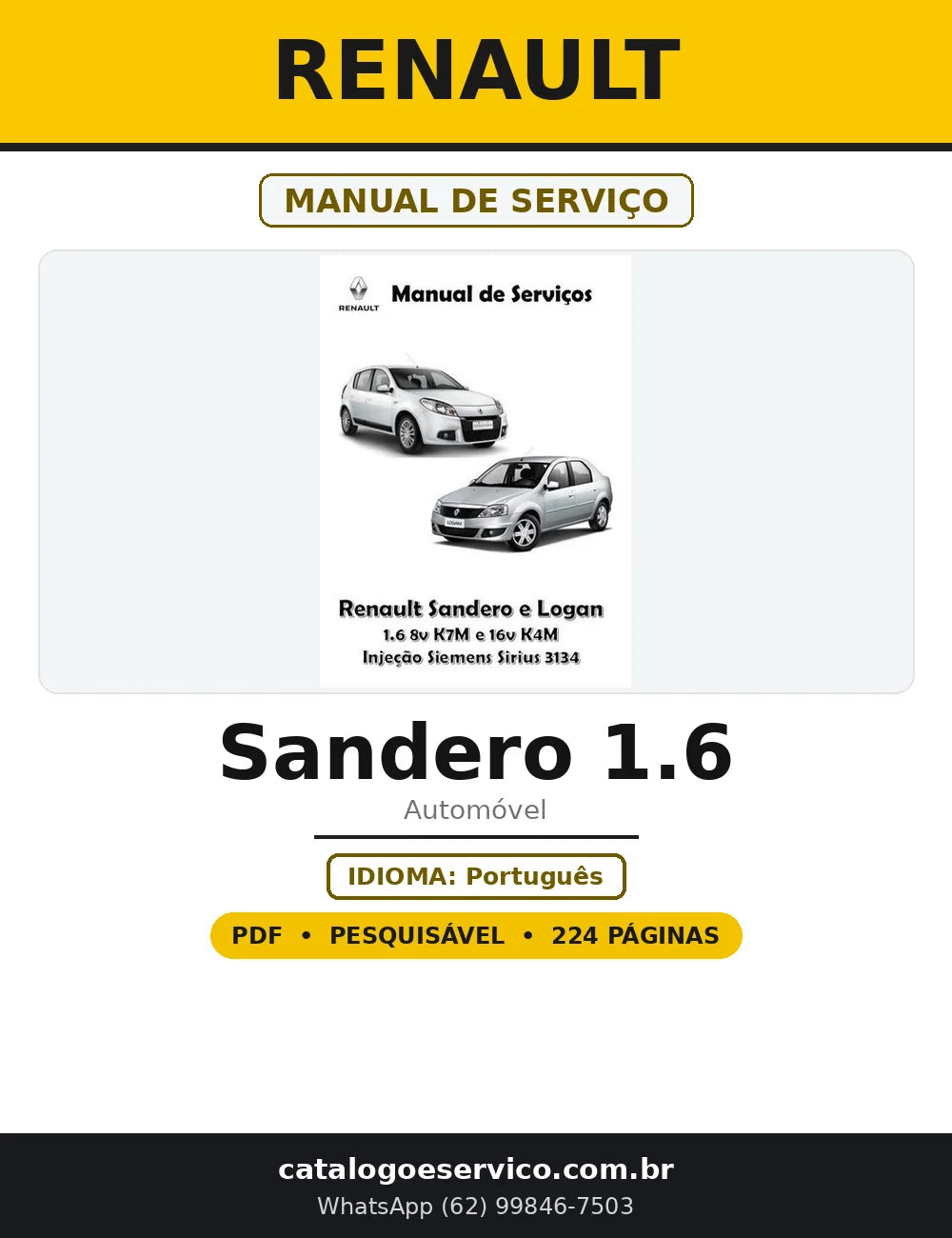Capa do Manual de Serviço Renault Sandero 1.6 em PDF com 224 páginas