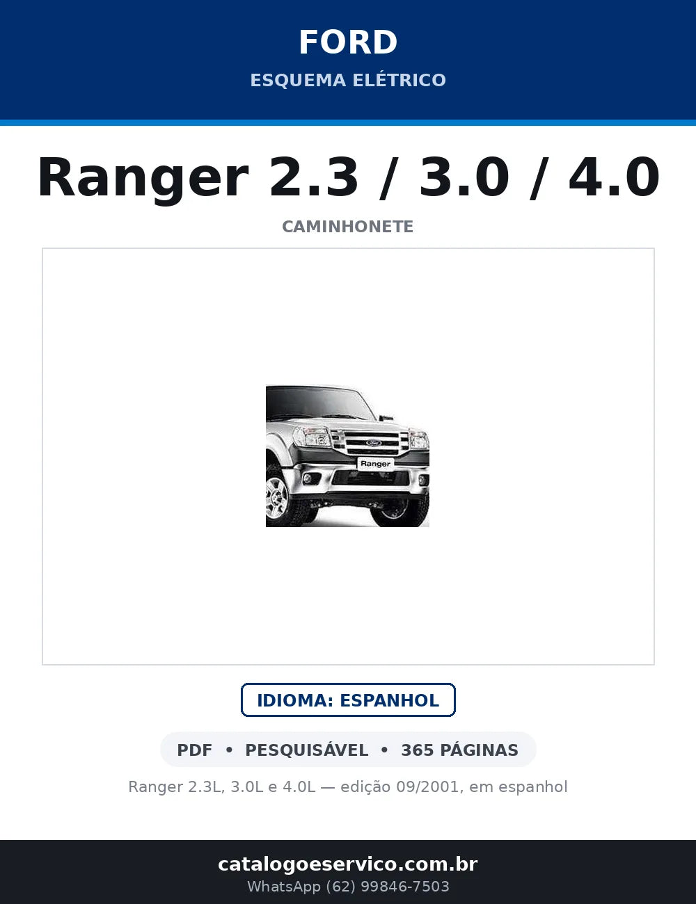 Capa do Esquema Elétrico Ford Ranger 2.3 / 3.0 / 4.0 em PDF — Ranger 2.3L, 3.0L e 4.0L — edição 09/2001, em espanhol