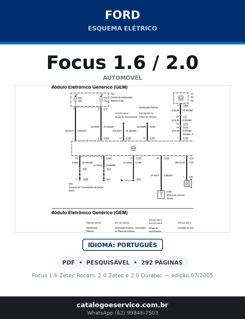 Capa do Esquema Elétrico Ford Focus 1.6 / 2.0 em PDF — Focus 1.6 Zetec Rocam, 2.0 Zetec e 2.0 Duratec — edição 07/2005