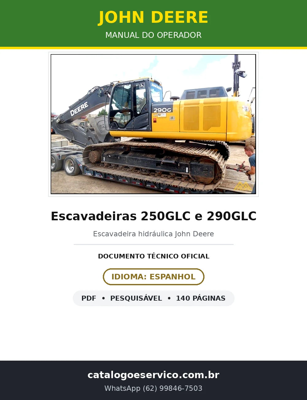 Manual do Operador John Deere Escavadeiras 250GLC e 290GLC (Espanhol) — 140 págs. — capa