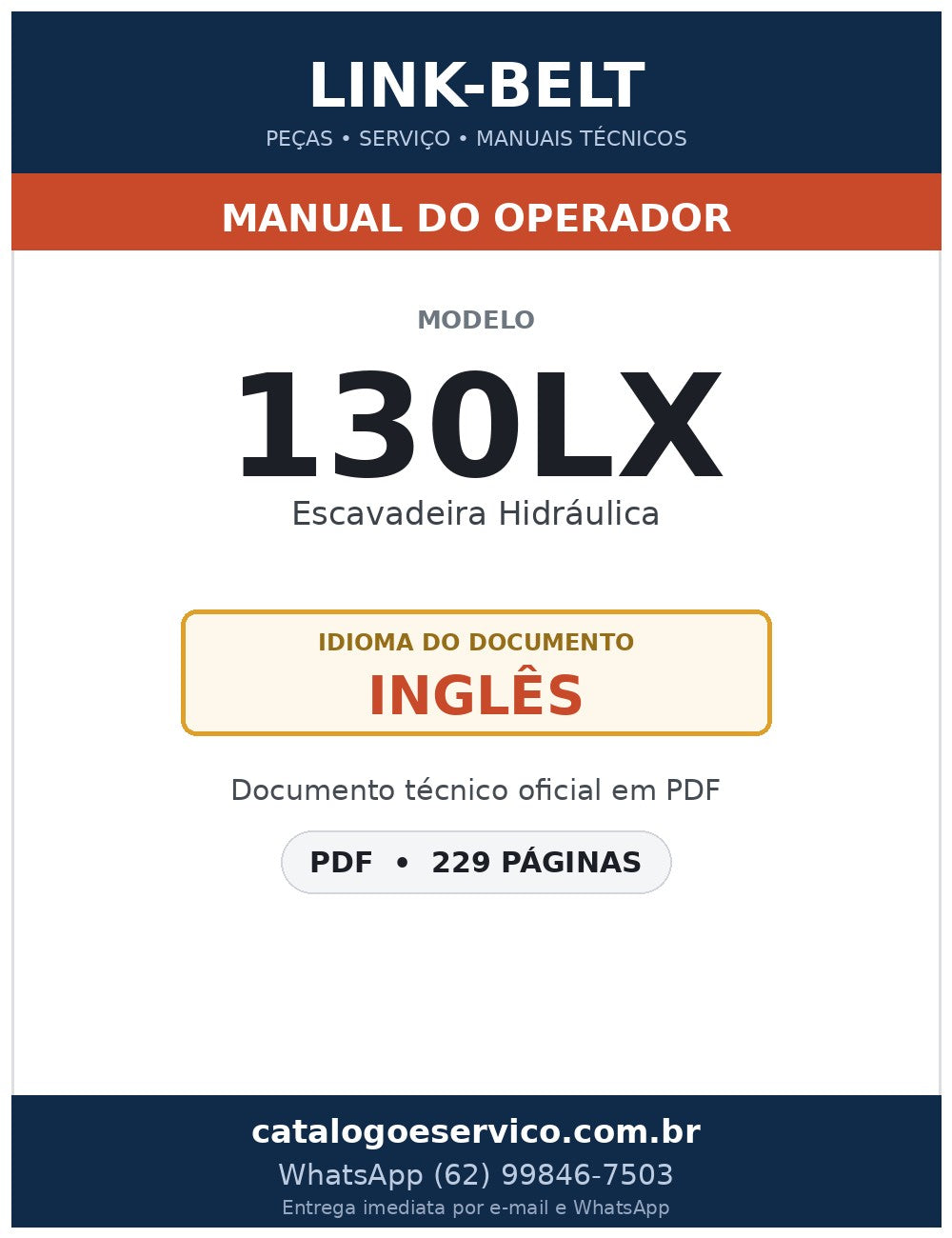 Manual do Operador Link-Belt 130LX Escavadeira Hidráulica
