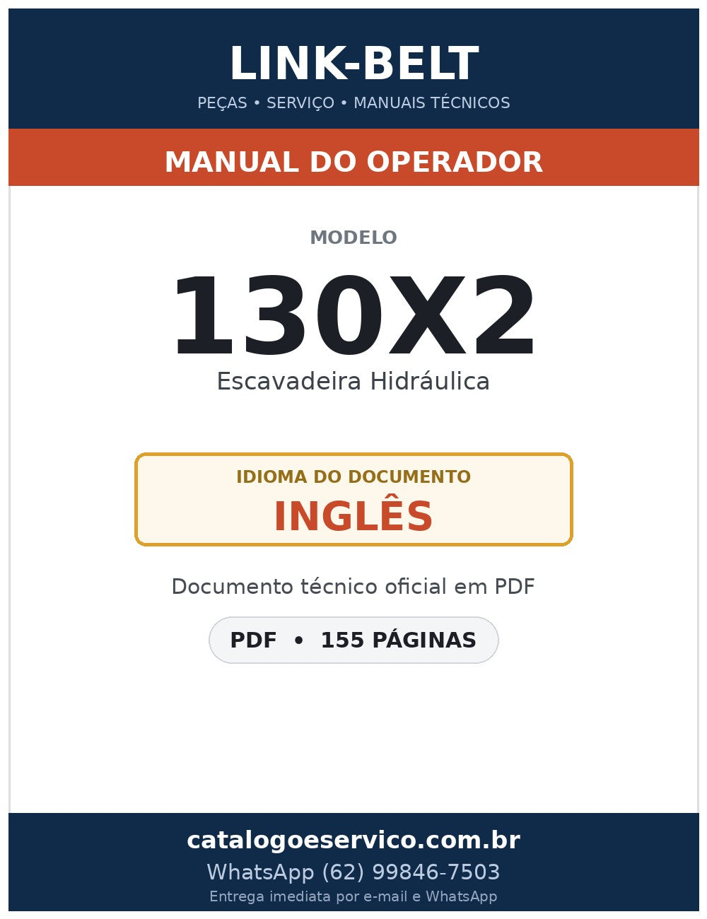 Manual do Operador Link-Belt 130X2 Escavadeira Hidráulica