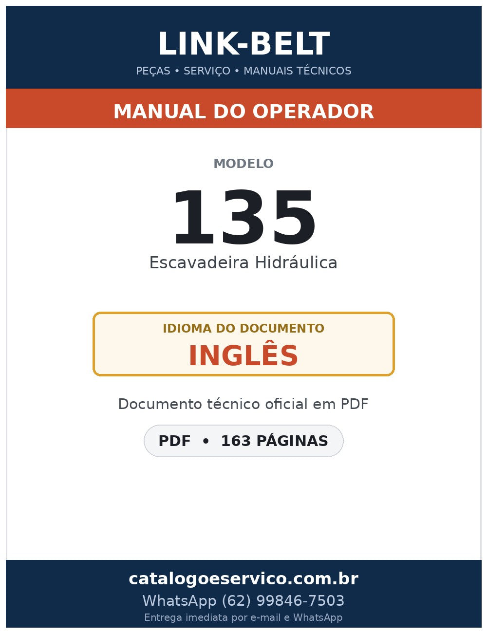Manual do Operador Link-Belt 135 Escavadeira Hidráulica