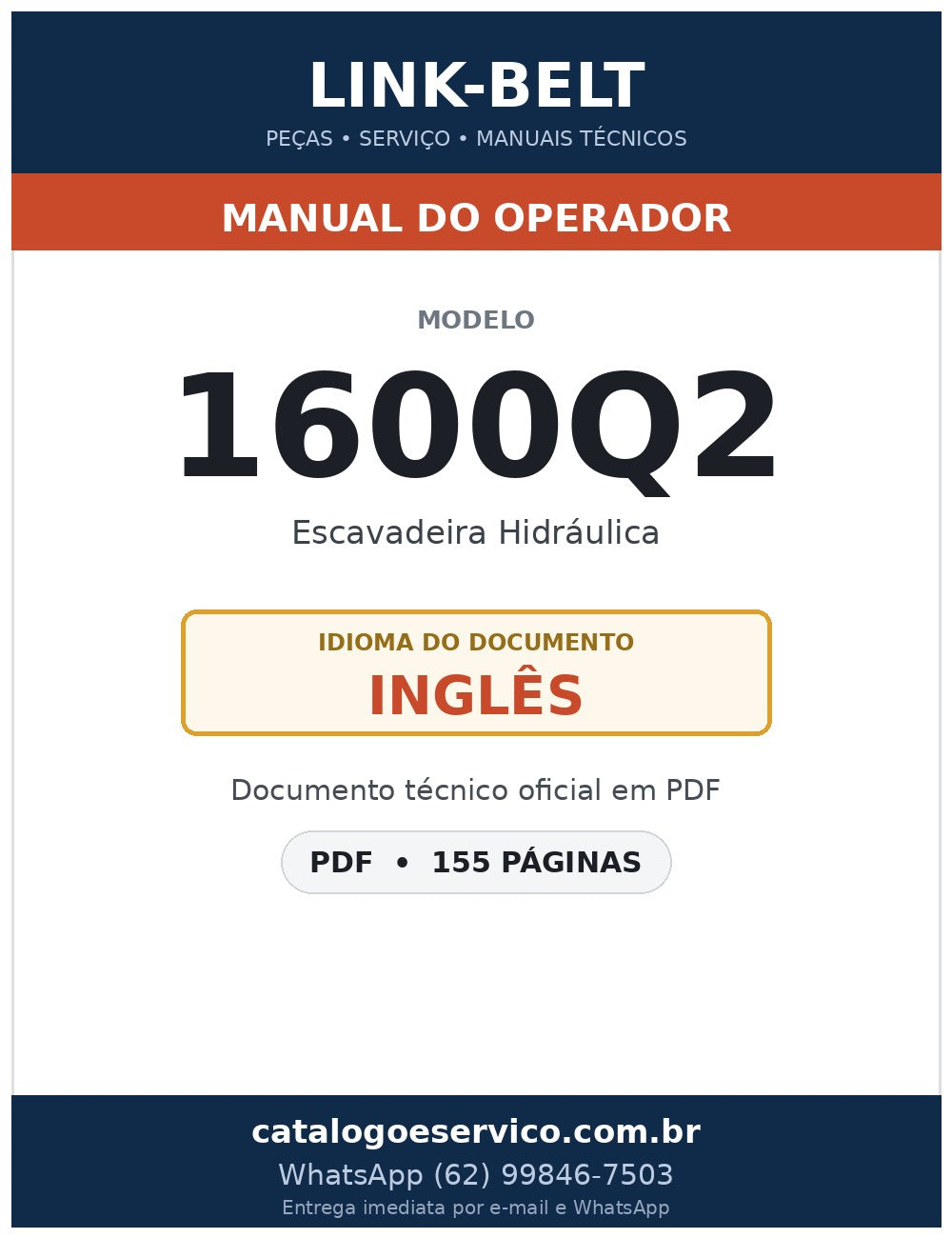 Manual do Operador Link-Belt 1600Q2 Escavadeira Hidráulica