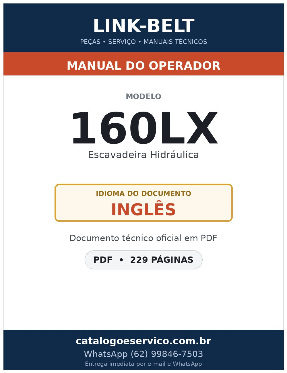 Manual do Operador Link-Belt 160LX Escavadeira Hidráulica