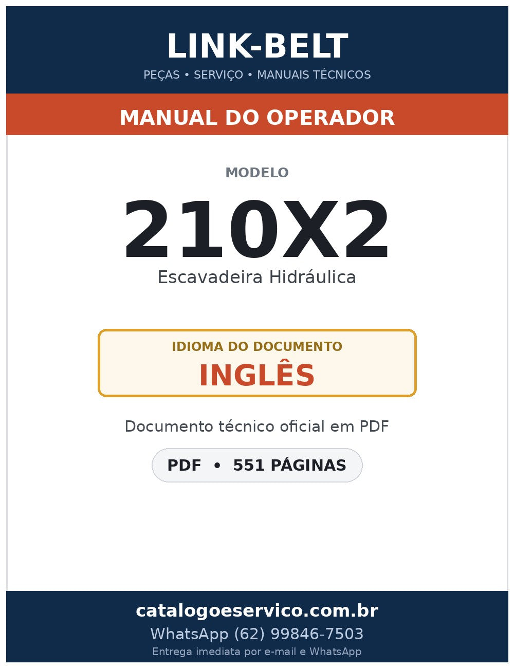 Manual do Operador Link-Belt 210X2 Escavadeira Hidráulica