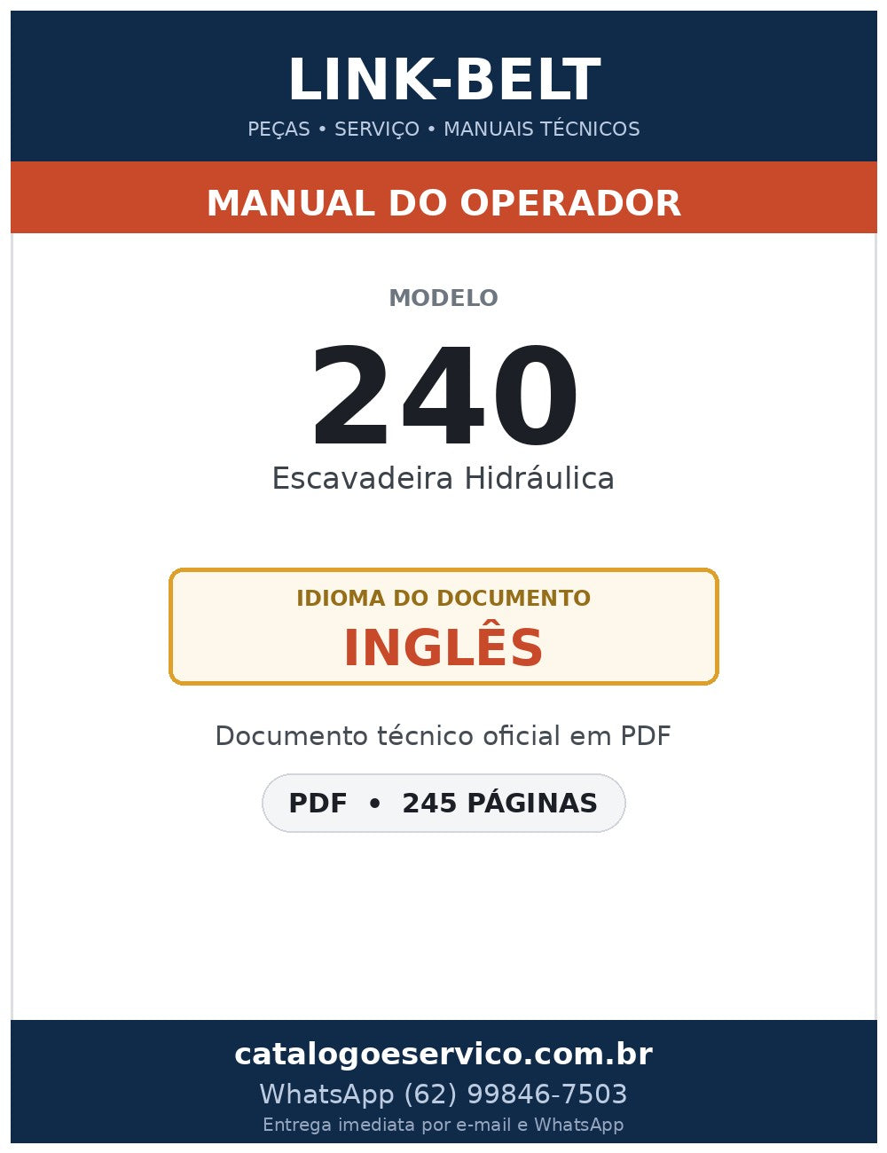 Manual do Operador Link-Belt 240 Escavadeira Hidráulica