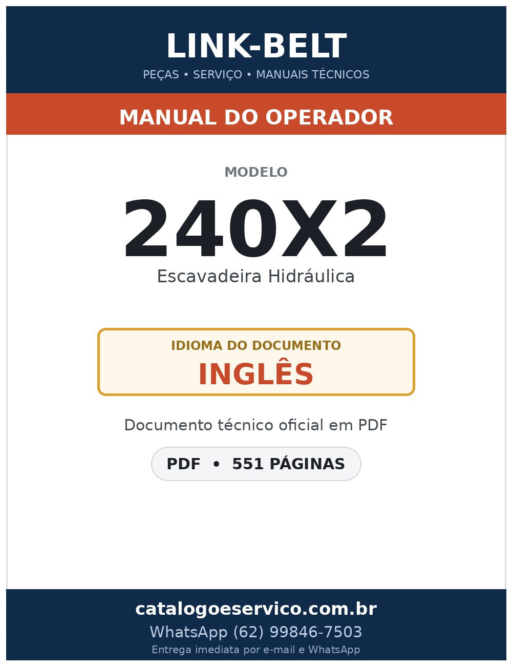 Manual do Operador Link-Belt 240X2 Escavadeira Hidráulica