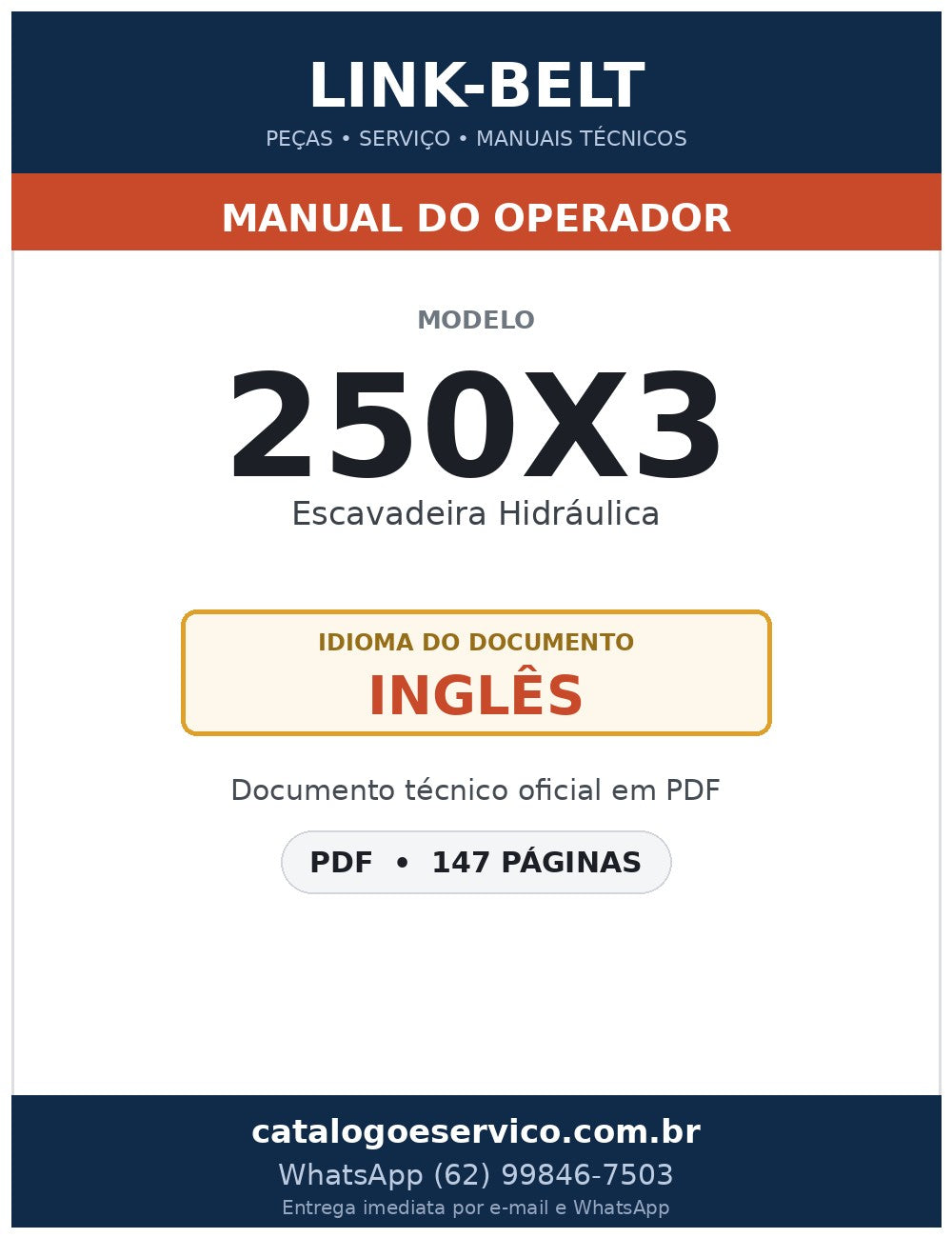 Manual do Operador Link-Belt 250X3 Escavadeira Hidráulica