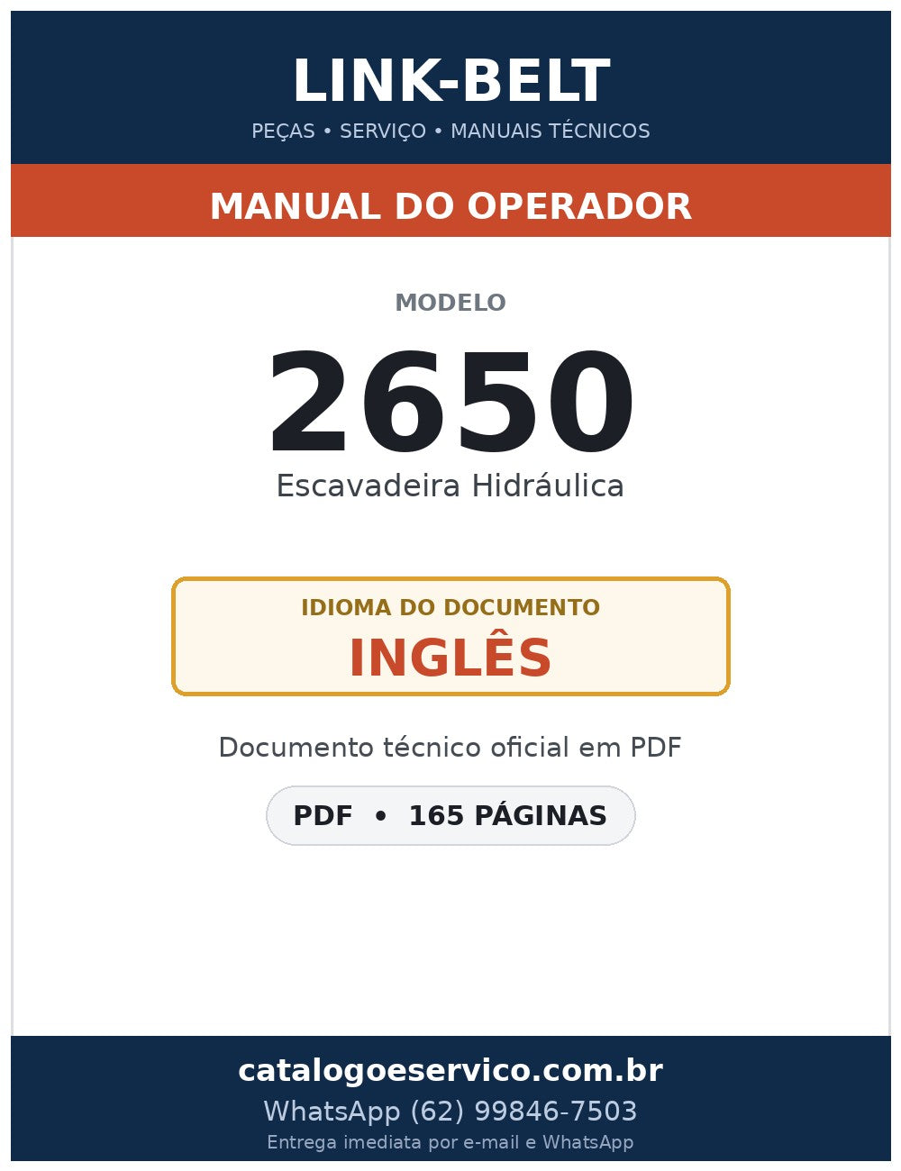 Manual do Operador Link-Belt 2650 Escavadeira Hidráulica