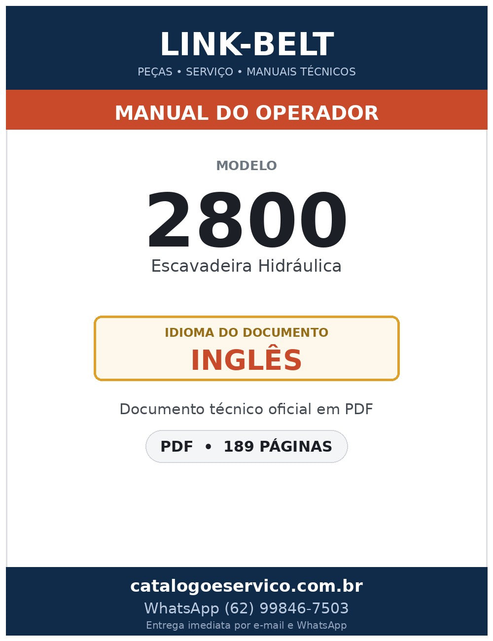 Manual do Operador Link-Belt 2800 Escavadeira Hidráulica