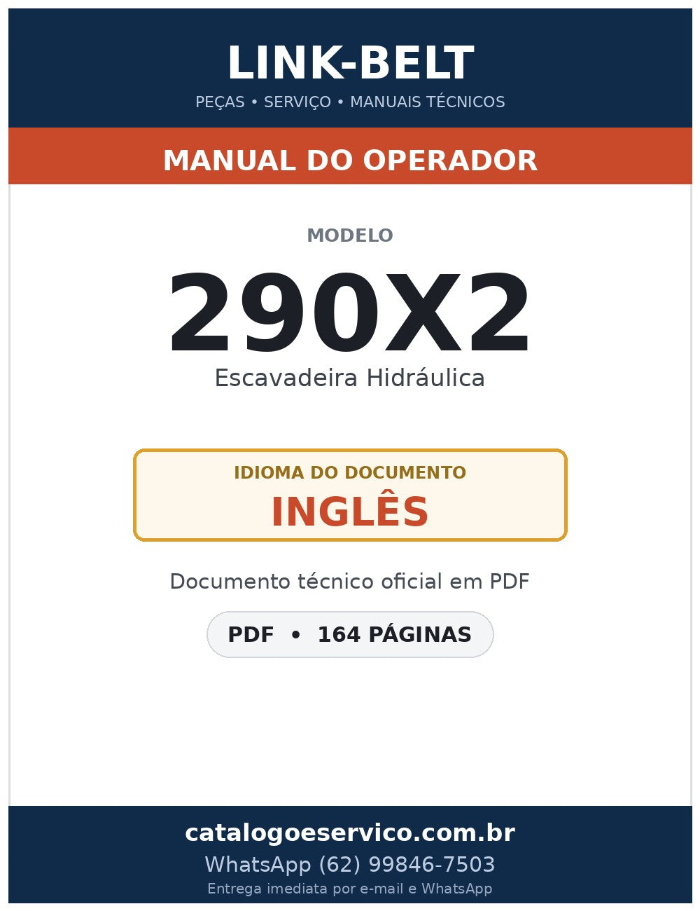Manual do Operador Link-Belt 290X2 Escavadeira Hidráulica