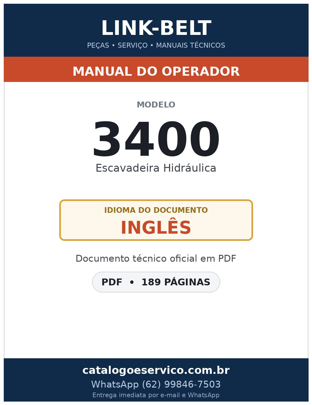 Manual do Operador Link-Belt 3400 Escavadeira Hidráulica