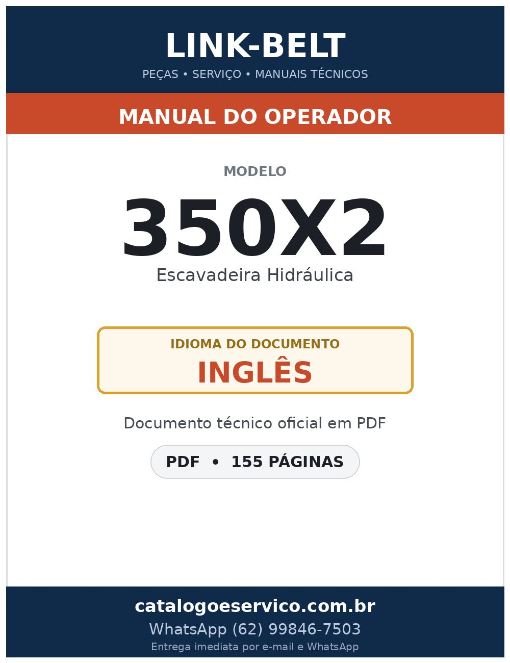 Manual do Operador Link-Belt 350X2 Escavadeira Hidráulica