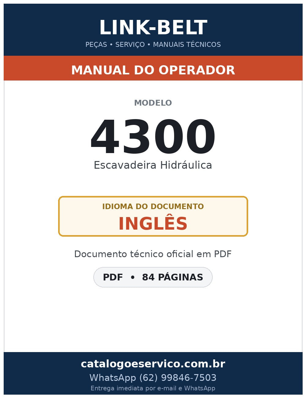 Manual do Operador Link-Belt 4300 Escavadeira Hidráulica