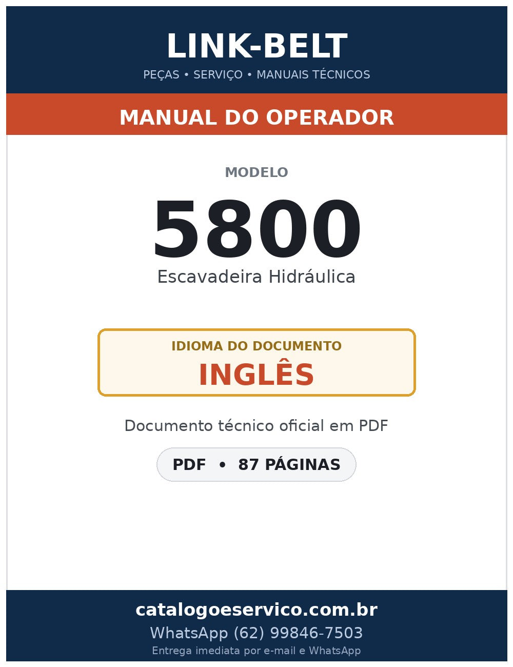 Manual do Operador Link-Belt 5800 Escavadeira Hidráulica