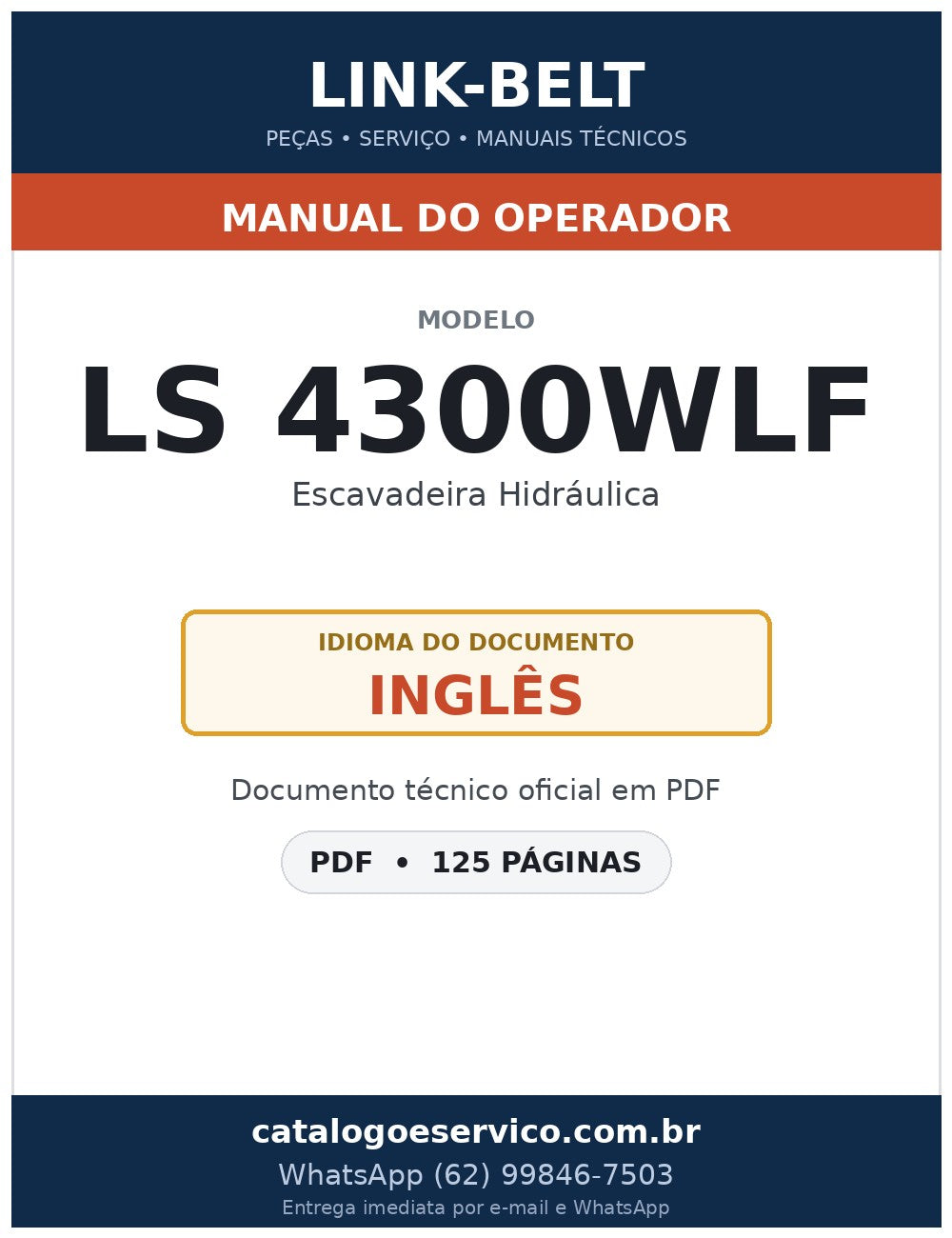 Manual do Operador Link-Belt LS 4300WLF Escavadeira Hidráulica
