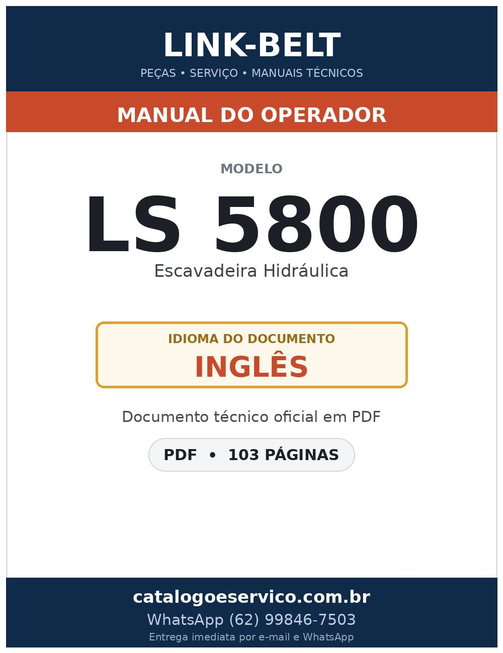 Manual do Operador Link-Belt LS 5800 Escavadeira Hidráulica