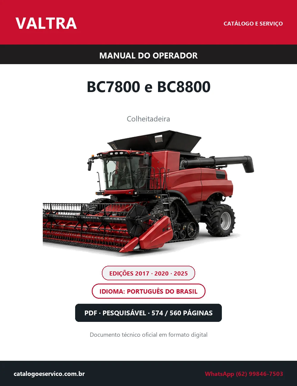 Manual do Operador Valtra BC7800 e BC8800 — Colheitadeira — Edições 2020 e 2025 — 574 e 560 Páginas em PDF