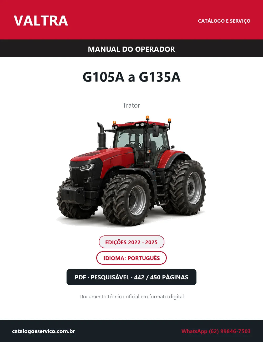 Manual do Operador Valtra G105A a G135A — Trator — Edições 2022 e 2025 — 442 e 450 Páginas em PDF
