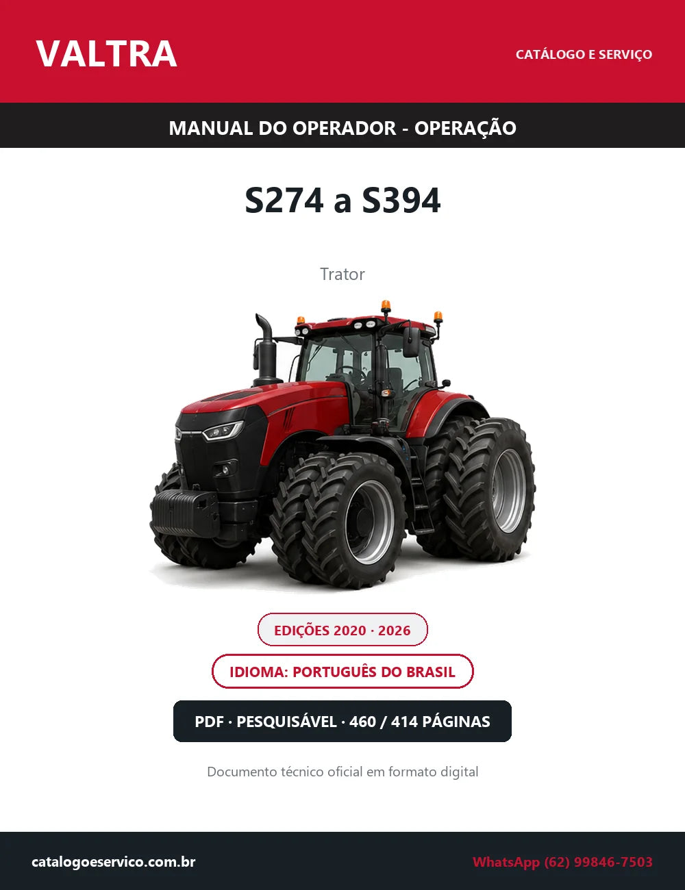 Manual do Operador — Operação Valtra S274 a S394 — Trator — Edições 2020 e 2026 — 460 e 414 Páginas em PDF