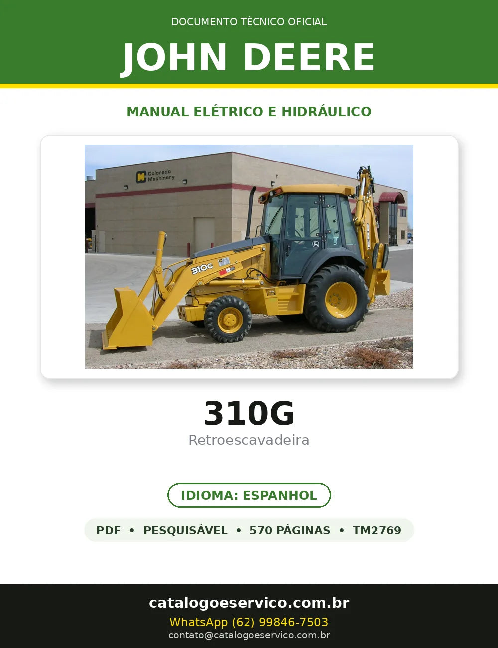Manual Elétrico/Hidráulico John Deere 310G em PDF — capa do documento técnico (570 páginas, Espanhol)