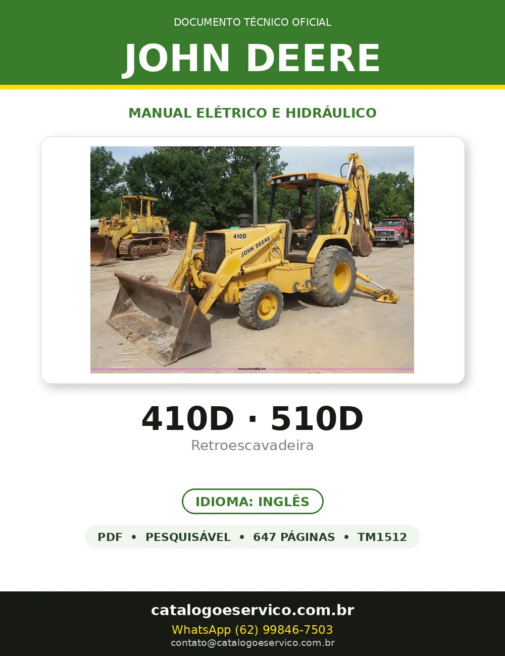 Manual Elétrico/Hidráulico John Deere 410D · 510D em PDF — capa do documento técnico (647 páginas, Inglês)