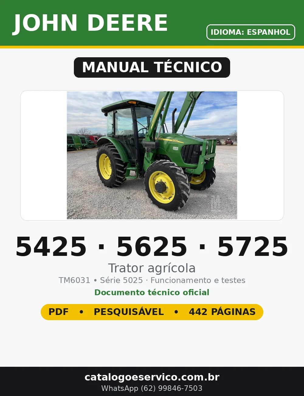 Manual Técnico John Deere 5425 · 5625 · 5725 em PDF — capa do documento técnico (442 páginas, Espanhol)