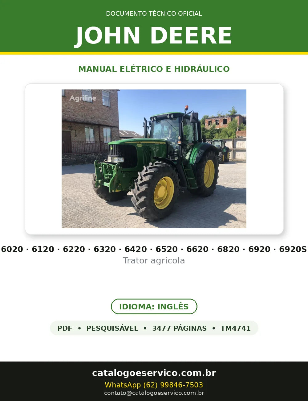 Manual Elétrico/Hidráulico John Deere 6020 · 6920S em PDF — capa do documento técnico (3477 páginas, Inglês)
