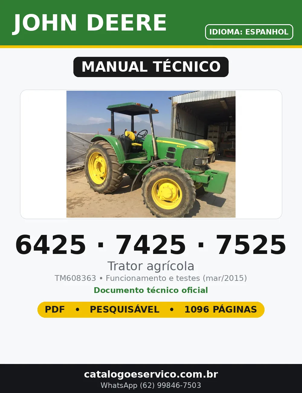 Manual Técnico John Deere 6425 · 7425 · 7525 em PDF — capa do documento técnico (1096 páginas, Espanhol)
