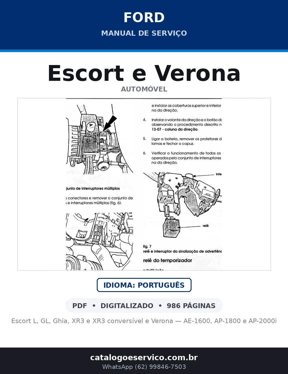 Capa do Manual de Serviço Ford Escort e Verona em PDF — Escort L, GL, Ghia, XR3 e XR3 conversível e Verona — AE-1600, AP-1800 e AP-2000i