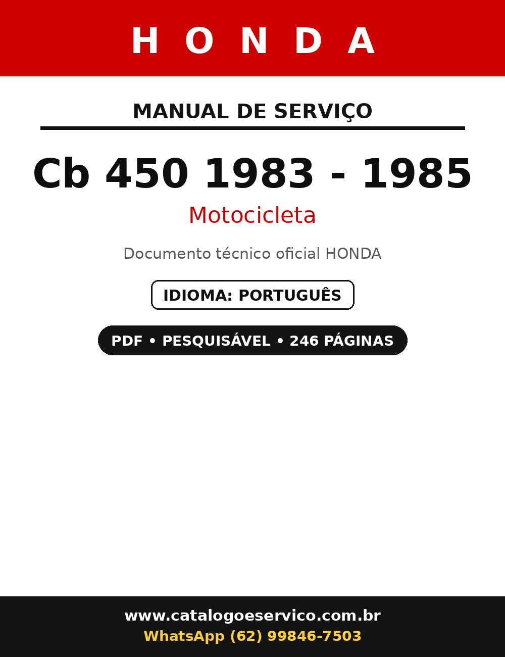 Manual Oficina Serviço Motocicleta Honda Cb 450 1983 - 1985