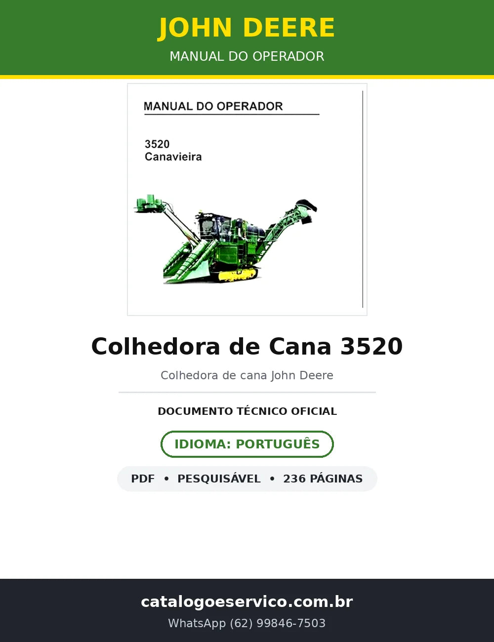 Manual do Operador John Deere Colhedora de Cana 3520 — 236 págs. — capa