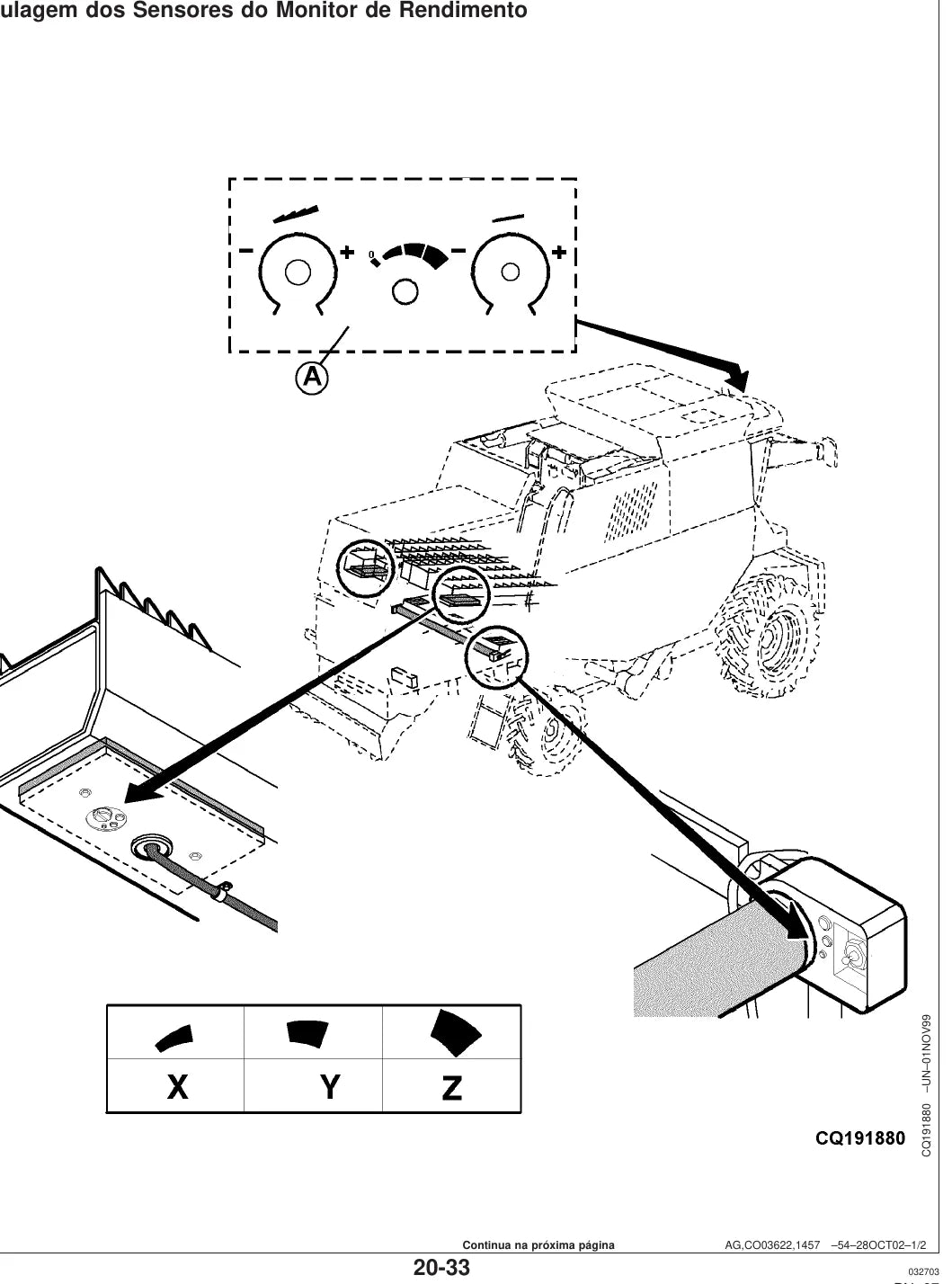 Página interna com tabela e ilustração de operação — John Deere 1450 / 1550 / 1450 CWS (amostra 1 de 2)