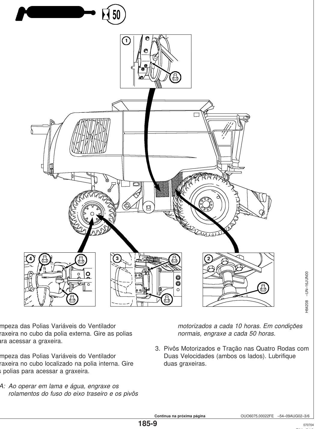 Página interna com tabela e ilustração de operação — John Deere 9650 STS / 9750 STS (amostra 2 de 2)