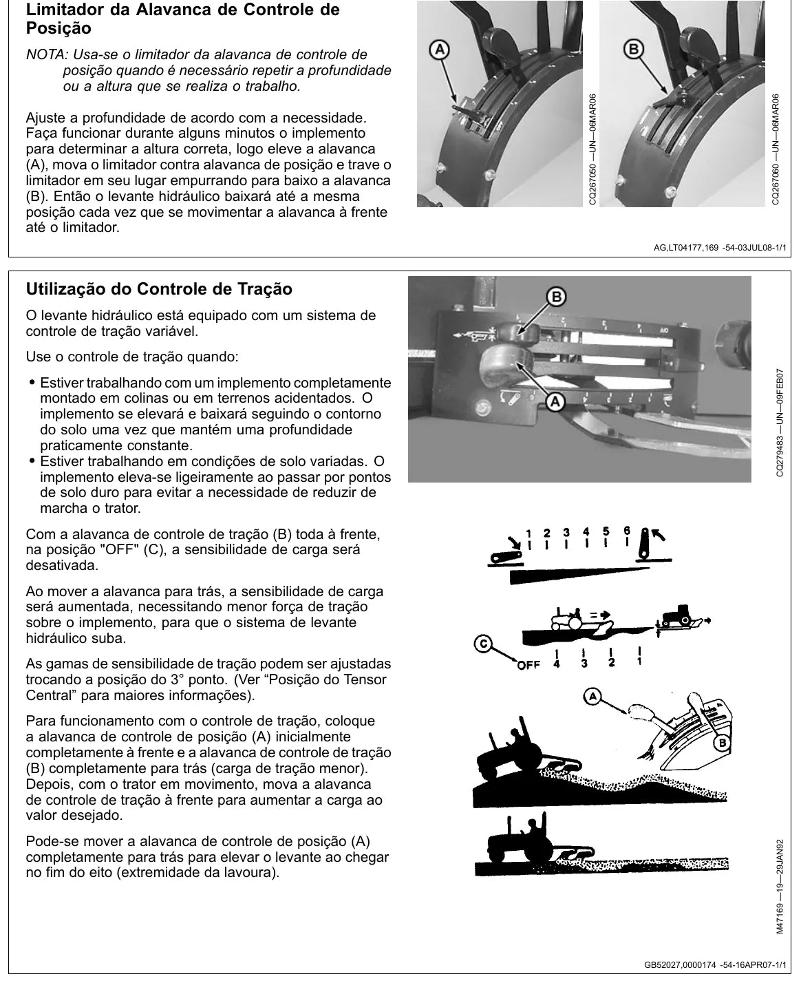 Página interna com tabela e ilustração de operação — John Deere 5075E / 5078E / 5085E (amostra 1 de 2)