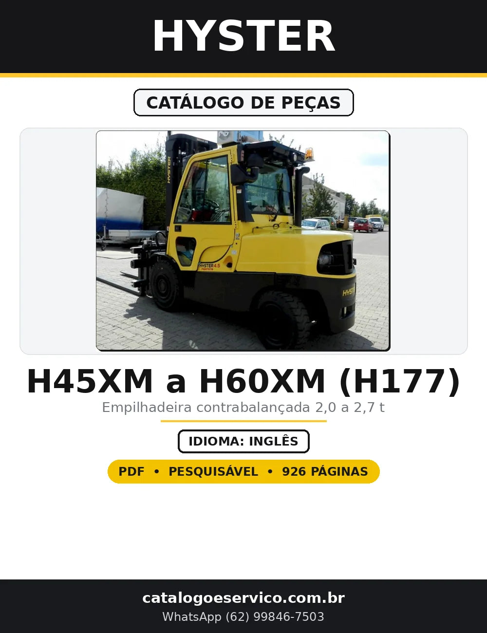 Capa do Catálogo de Peças Hyster H45XM a H60XM (H177) em PDF com 926 páginas