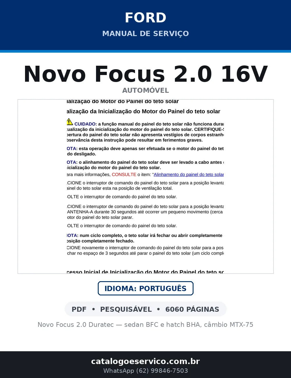 Capa do Manual de Serviço Ford Novo Focus 2.0 16V em PDF — Novo Focus 2.0 Duratec — sedan BFC e hatch BHA, câmbio MTX-75