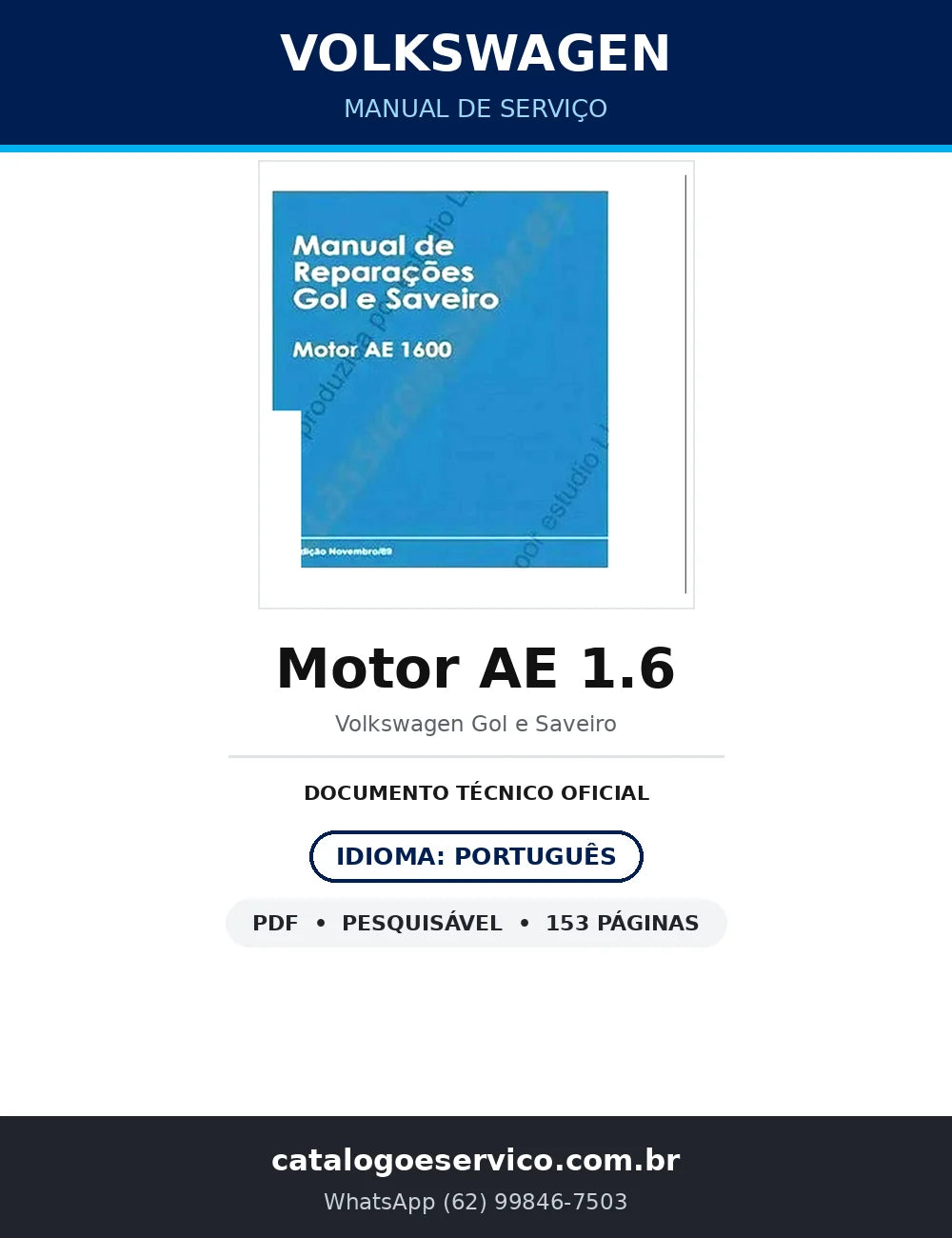 Manual de Serviço Volkswagen Motor AE 1.6 (1600) — 153 págs. — capa